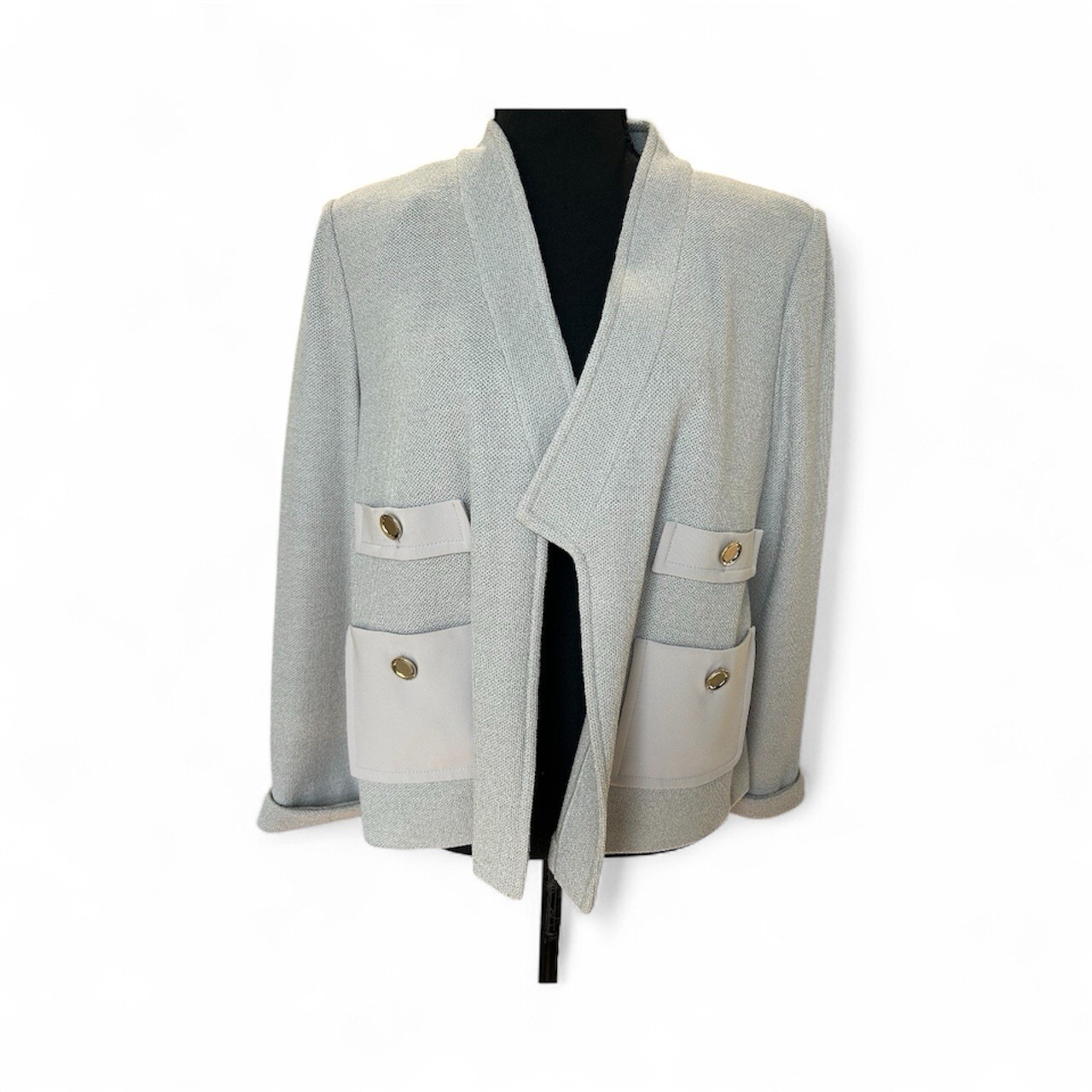 St John Knit Blazer Jacket Light Grey Textured Collarless Pockets Size 10